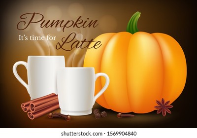 Pumpkin spice latte. Vector realistic coffee cups and spices. Pumpkin latte time banner