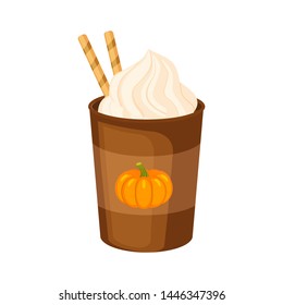 Pumpkin Spice Latte With Whipped Cream And Waffles Vector Illustration Isolated On White Background. Paper Cup.