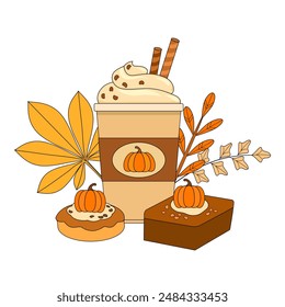 Pumpkin spice latte with whipped cream and sweet cakes vector illustration isolated on white background, poster, banner.