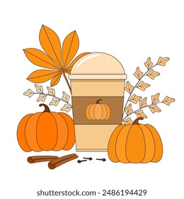 Pumpkin spice latte and whole ripe pumpkins with fall foliage, vector illustration isolated on white background, poster, banner, autumn season decoration.