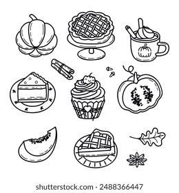 Conjunto de Elementos lineales de especias de calabaza. Calabazas enteras y cortadas, pastel, cupcake, taza de café con leche con crema, hoja de roble, canela, anís. Diseños gráficos de Vector aislados en blanco. Iconos de otoño para su uso en tarjeta, Anuncio.