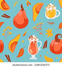 Pumpkin spice lover. international coffee day. Glass with latte foam, pumpkins, autumn leaves and apples. Seamless pattern for cafes, shops, menus, wallpaper, printing on fabric, wrapping.