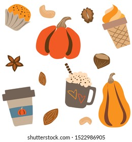 Pumpkin spice with nuts. Various tasty stuff. Colored vector set. Ice Honey Latte With Whipped Cream. Traditional Coffee Drink for Autumn Holidays. isolated vector illustration