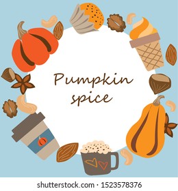 Pumpkin spice with nuts. Various tasty stuff. Colored frame. Ice Honey Latte With Whipped Cream. Traditional Coffee Drink for Autumn Holidays. vector illustration