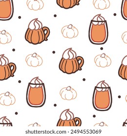 Pumpkin Spice Paradise Autumn Cozy Drink Pattern. This design is perfect for enhancing home decor textiles, creating festive apparel, or crafting unique accessories for the fall season.