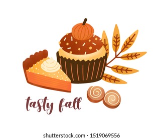 Pumpkin spice pastry flat vector illustration. Delicious fall season desserts and leaf composition with lettering. Tasty cupcake, pie and cinnamon buns. Autumn greeting card, postcard design.