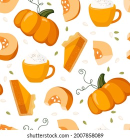 Pumpkin spice product seamless pattern. Pumpkin, pie, jam, latte. Food and drinks isolated. Autumn delicious sweet desserts. Fall seasonal template for menu, jam, juice packaging, wallpaper, textile.