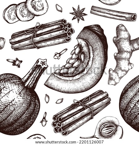 Pumpkin spice seamless pattern. Autumn background with Anise star, ginger, cinnamon, nutmeg, and clove sketches. Fall food ingredients design. Vintage autumn backdrop. Pumpkin with seeds drawings