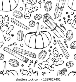 Patrón sin fisuras de las especias de calabaza. La mano dibujó el fondo de otoño. Ilustración del vector de contorno de garabato. Cocina orgánica, fresca, ingredientes. Esbozo de producto orgánico. Para papel pintado, envoltura, raspado reserva.
