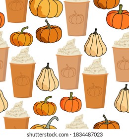 Pumpkin spice seamless pattern, Pumpkin latte in a cup and multi-colored pumpkins on a white background, vector illustration for design and creativity