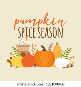 Pumpkin spice season vector graphic illustration with writing. Editable card for print or web. Set of different types of pumpkin, squash, spice and plant. Pumpkin latte, coffee in cup.