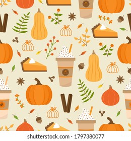 Pumpkin spice season vector hand drawn seamless pattern. Cute orange pumpkin, cup of coffee, pumpkin pie, spices and leaves. Autumn, fall seasonal background. Isolated.