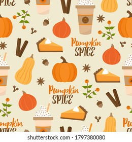 Pumpkin spice season vector hand drawn seamless pattern. Cute orange pumpkin, cup of coffee, pumpkin pie, spices, leaves and writing. Autumn, fall seasonal background. Isolated.