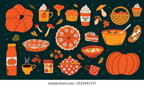 Pumpkin spice seasonal flavored food and drinks cartoon vector illustration set. Collection of autumn delicious menu elements, pumpkin pie, lattes, soup with mushrooms, desserts, pastry, confections