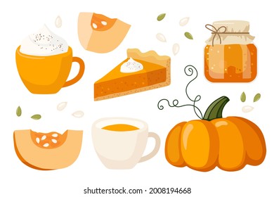 Pumpkin spice seasonal flavored products. Pumpkin, pie, jam, latte. Food and drinks isolated. Autumn delicious sweet desserts. Fall season elements for scrapbook, card, poster, invitation, sticker.