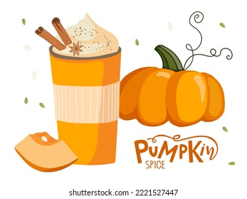 Pumpkin spice seasonal flavored products. Pumpkin latte, pumpkin vegetable. Food and drinks isolated. Autumn delicious sweet dessert. Fall season elements for scrapbook, card, poster, invitation
