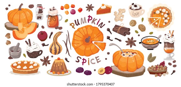 Pumpkin Spice is a set of vector cliparts. For thematic designs, stickers, patterns.
 