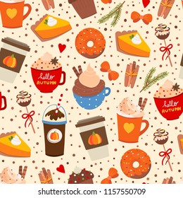 Pumpkin Spice. Various Tasty Stuff. Colored Vector Seamless Pattern. Beige Background