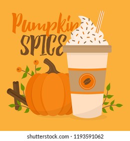 Pumpkin spice vector graphic illustration. Cute autumn, fall background; pumpkin, rowan berry, cup of coffee with whipped cream, sprinkles and striped straw, leaves and cinnamon sticks.
