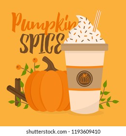 Pumpkin spice vector graphic illustration. Cute autumn, fall background; pumpkin, rowan berry, cup of coffee with whipped cream, sprinkles and striped straw, leaves and cinnamon sticks.