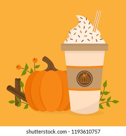 Pumpkin spice vector graphic illustration. Cute autumn, fall background; pumpkin, rowan berry, cup of coffee with whipped cream, sprinkles and striped straw, leaves and cinnamon sticks.