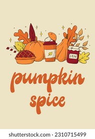 Pumpkin spice vintage lettering quote decorated with doodles for greeting cards, posters, prints, invitations, banners, templates, etc. EPS 10