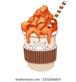 Pumpkin spiced latte with cream, tube in paper cup, cozy warm autumn coffee beverage in doodle style isolated on white background.