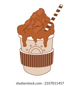 Pumpkin spiced latte with cream, tube in paper cup, cozy warm autumn coffee beverage in doodle style isolated on white background.