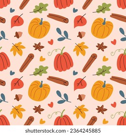 Pumpkin and spices, autumn hand drawn seamless pattern, doodle vegetables, colored ornament of pumpkin icons, vector illustrations of yellow leaves on beige background, colorful wrapping paper