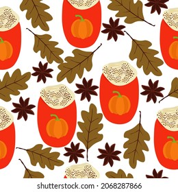 Pumpkin spices latte seamless pattern, bright cups with a drink and autumn elements on a white background vector illustration