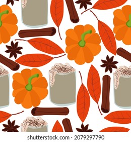 Pumpkin spices latte seamless pattern, glasses with a drink and autumn elements on a white background vector illustration