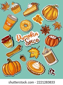 Pumpkin spices sticker set vector, hand drawn. Set of pumpkin stickers, coffee, pumpkin latte, cinnamon, star anise, pumpkin pie, cupcake. Autumn stickers for stickerbook, diary, print