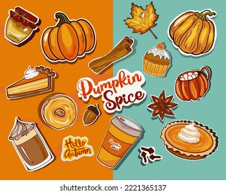 Pumpkin spices sticker set vector, hand drawn. Set of pumpkin stickers, coffee, pumpkin latte, cinnamon, star anise, pumpkin pie, cupcake. Autumn stickers for stickerbook, diary, print