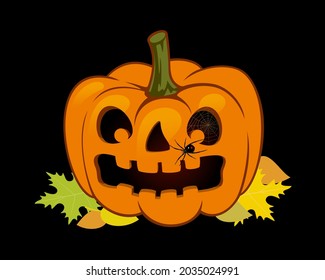 
Pumpkin with spider, cobwebs and leaves on a black background. The main symbol of the holiday is Halloween. Orange pumpkin with a scary smile for your Halloween design. Vector illustration.