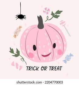 Pumpkin, spider and sweets background. Halloween vector illustration.