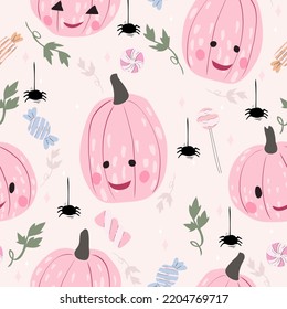 Pumpkin, spider and sweets seamless pattern. Halloween background.