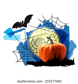 Pumpkin, spider webs, bat and moon. Halloween Party Background