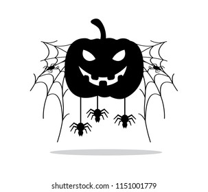 pumpkin and spider webs, black silhouette vector on a white background