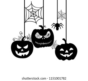 pumpkin and spider webs, black silhouette vector on a white background