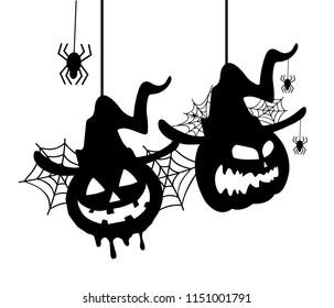 pumpkin and spider webs, black silhouette vector on a white background