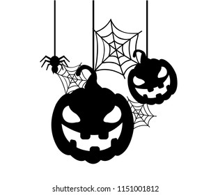 pumpkin and spider webs, black silhouette vector on a white background