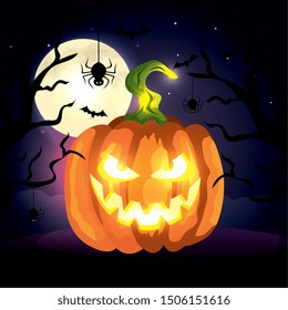 pumpkin with spiders in halloween scene