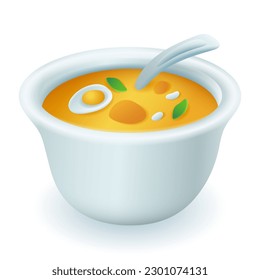 Calabaza o sopa de guisantes derramada con ilustración 3D de huevo. Dibujo de dibujos animados de comida o plato con verduras amarillas y huevos al estilo 3D sobre fondo blanco. Comida, concepto de alimentación saludable