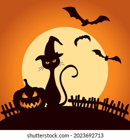 Pumpkin and spooky cat in the hat on the background of the moon. Halloween greeting card.