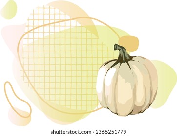 Pumpkin, spots and shapes, checkered texture, line. Vegetable illustration in warm autumn colors. Frame, place to place a photo, text, logo, etc. Clipart. Isolated element. 