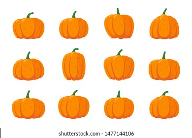 Pumpkin squash cartoon set. Orange autumn gourd vegetable isolated vector symbols for agriculture harvest. Thanksgiving or Halloween holidays flat design