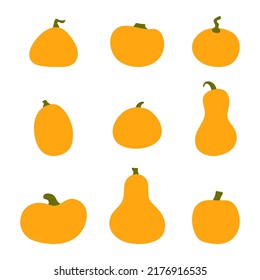 Pumpkin squash cartoon set for Thanksgiving or Halloween holidays design. Orange autumn pumpkins for festive lamps, sticker, decoration, page, web. Isolated vector stock illustration.