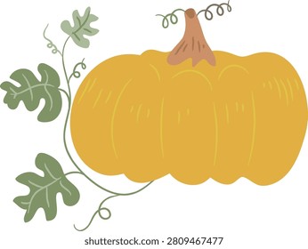Pumpkin squash with curling tendril and stem, textured lines and organic shape in hand drawn style. Symbol of harvest, coziness, and seasonal bounty for fall themes. Cartoon vector illustration.