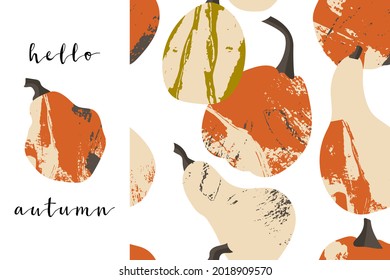 Calabaza, calabaza, calabaza. Fondo vegetal otoñal, patrón sin costuras. Para el diseño decorativo de otoño, la invitación al día de gracias y halloween, el volante de cosecha, textil. Ilustración de dibujos animados planos vectoriales