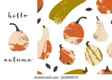 Pumpkin, squash, zucchini. Autumn vegetable background, seamless pattern. For fall decorative design, thanksgiving and halloween invitation, harvest flyer, textile. Vector flat cartoon illustration